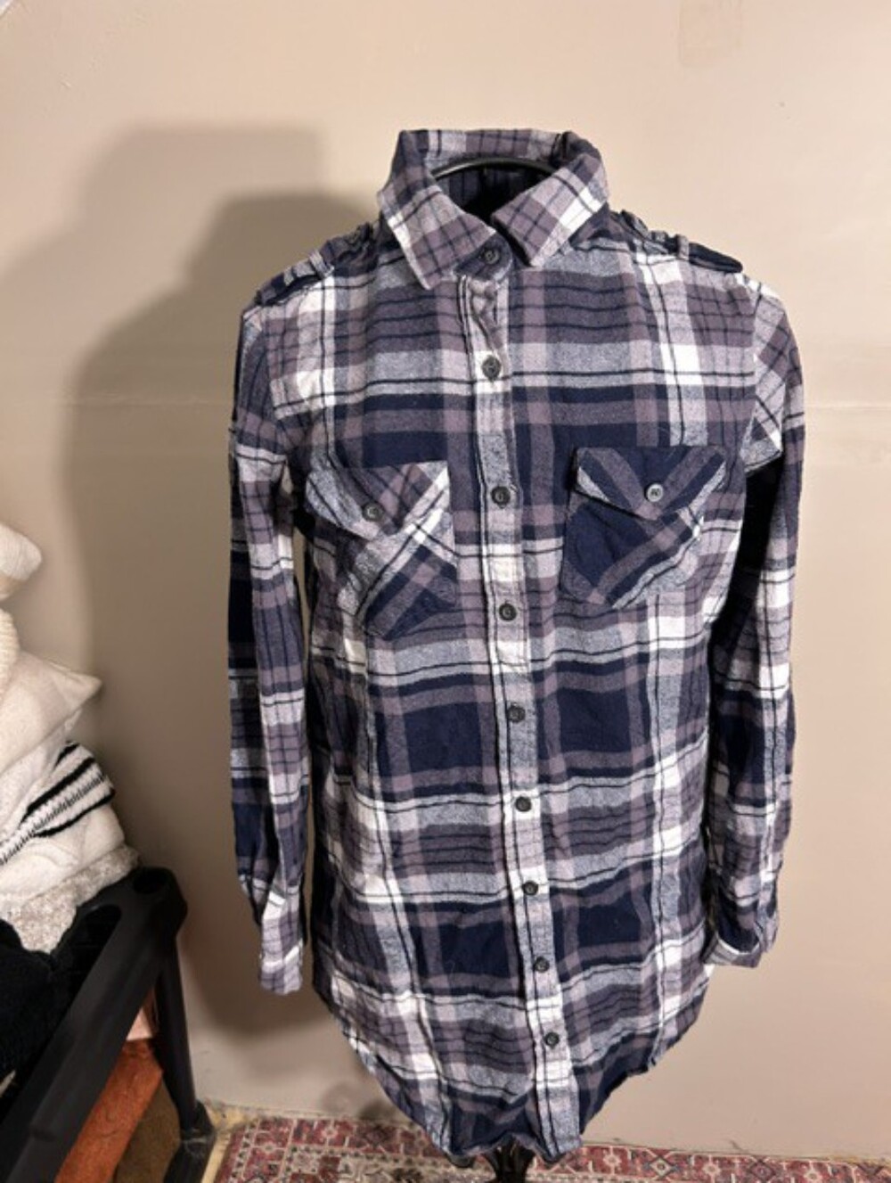 size medium womens black gray flannel plaid button down shirt outdoor wear